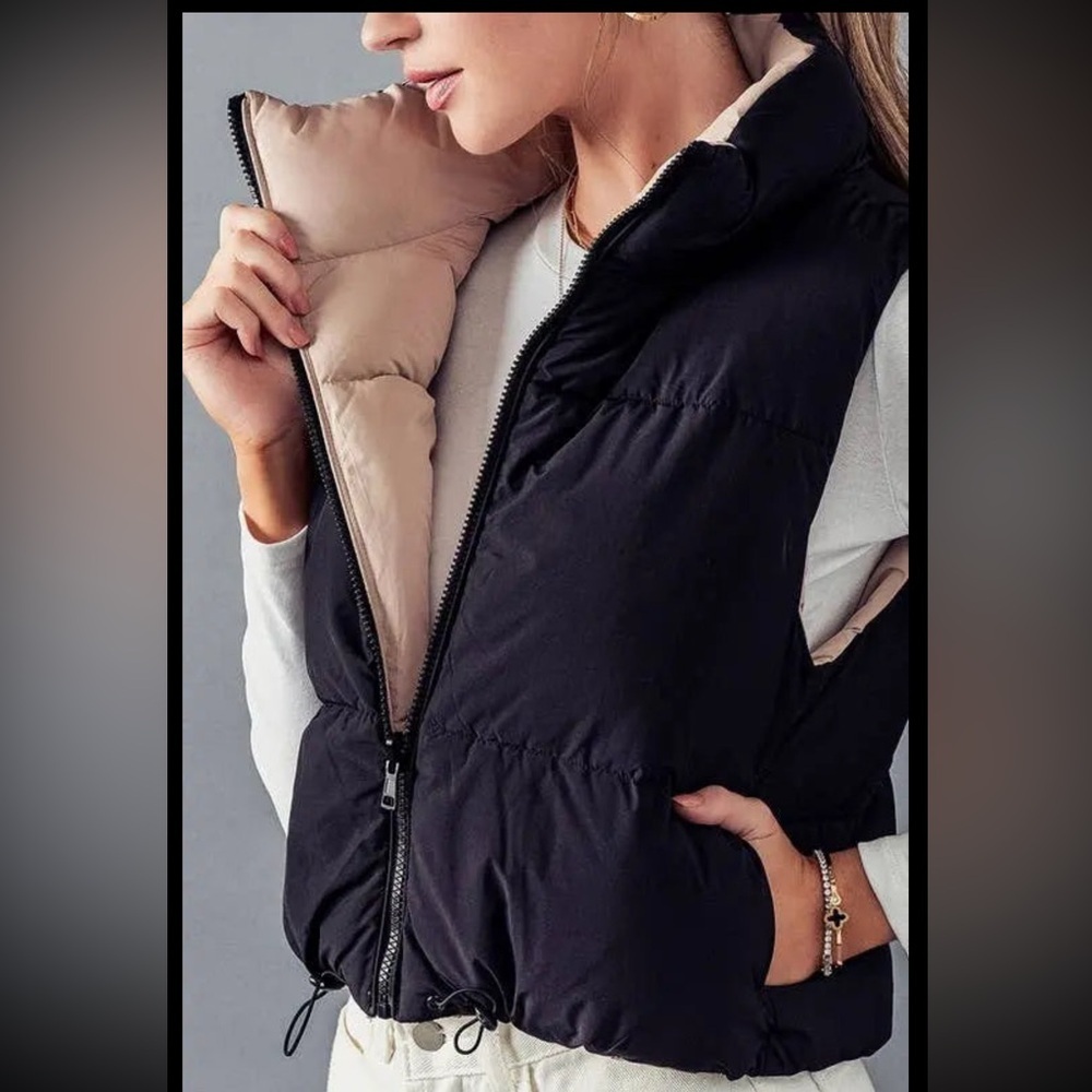 Black and Brown Reversible Stand Collar Cropped Puff Vest